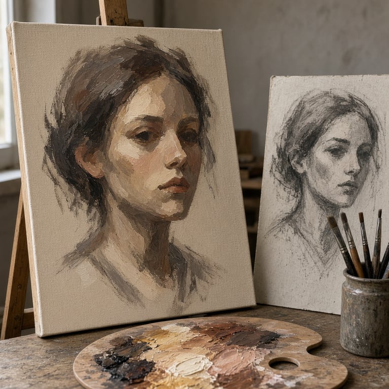 Close-up van een portret in opbouw met palet, penselen en houtskoolschets op de achtergrond