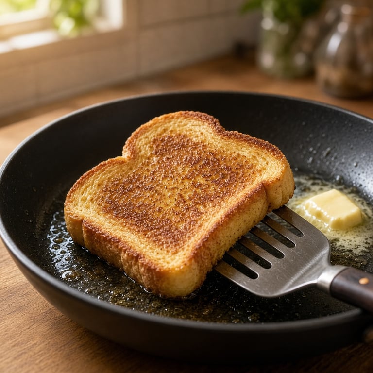 Wentelteefjes in een koekenpan met een spatel, klaar om om te draaien