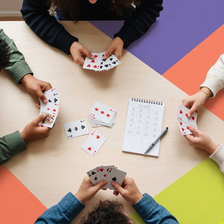 Een kleurrijke tafel met speelkaarten, vier spelers en moderne tactische markeringen