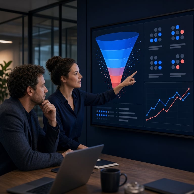 Marketingdashboard met funnel, doelaccounts en conversies tijdens een evaluatiemoment