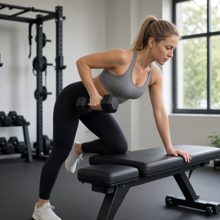 Sporter voert een gecontroleerde dumbbell row uit in een rustige trainingsruimte