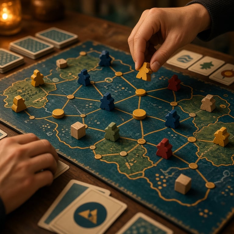 Detailopname van kleurrijke speelstukken, kaarten en een overzichtelijk speelbord tijdens een bordspel