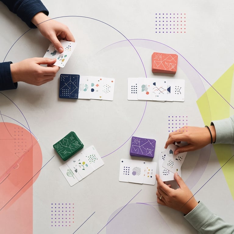 Een kleurrijke tafel met verschillende kaartspellen en tactische notities naast elkaar