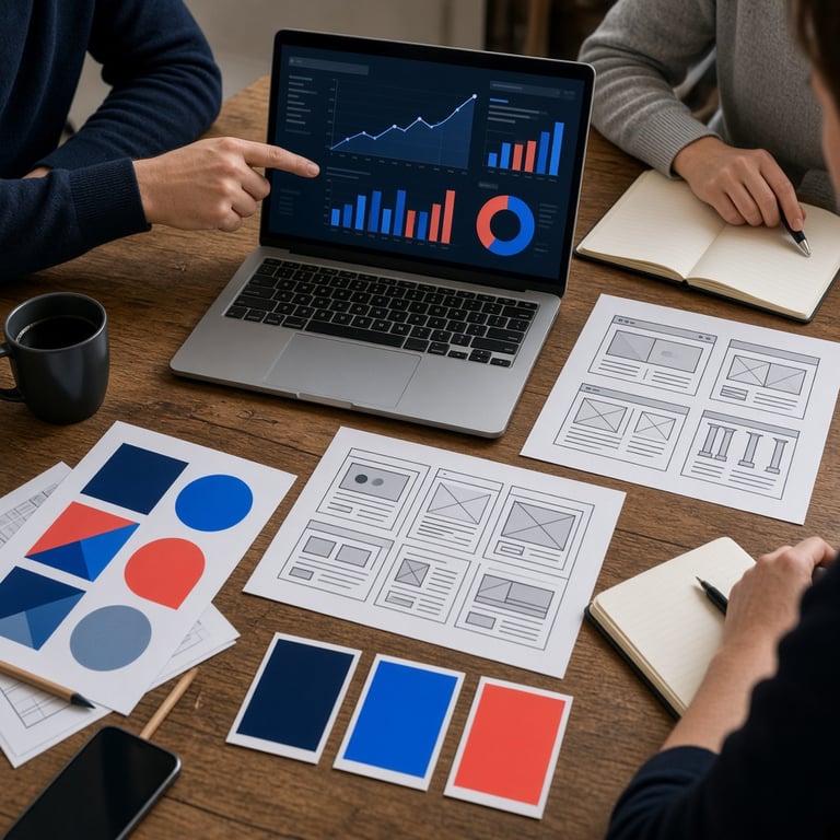 Strategisch overleg over een digitale marketingcampagne met website- en conversiedata op schermen
