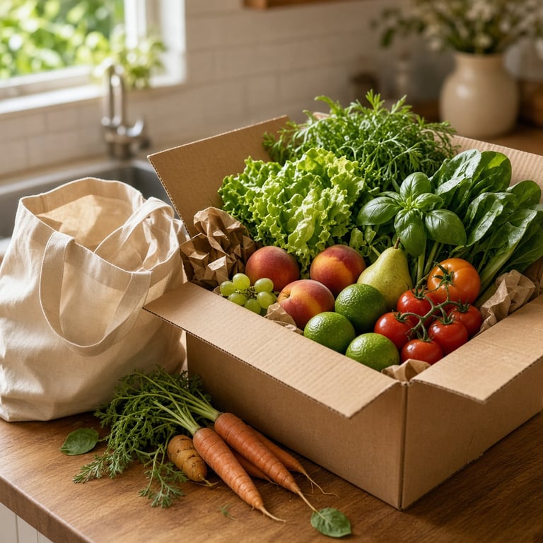 A colourful Australian produce box with leafy greens, limes, carrots, tomatoes, and seasonal fruit on a warm kitchen bench