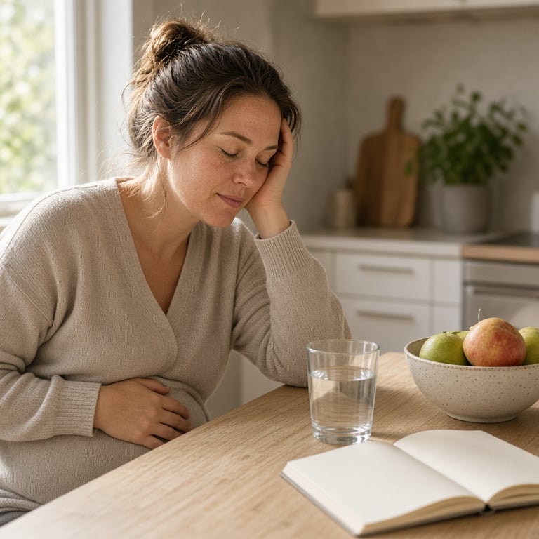 Gravid person som hviler hjemme med en kopp vann og en åpen notatbok