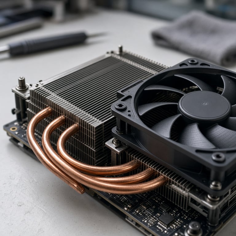 Close-up of a graphics card heatsink and copper heat pipes being inspected during PC maintenance