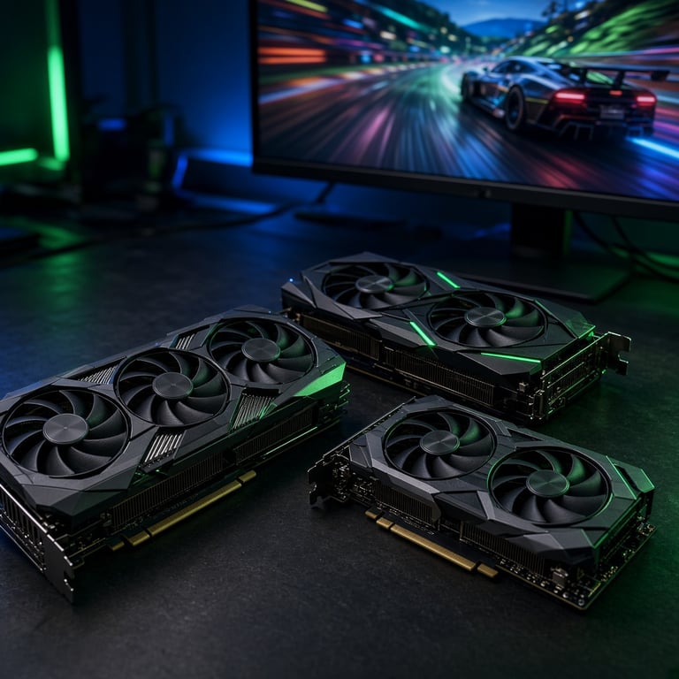 A modern gaming PC with three current generation graphics cards arranged beside a high refresh monitor showing a detailed PC game scene