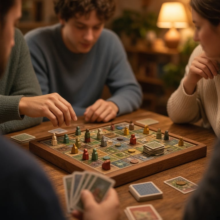 Een warme spelavond met verschillende bordspellen op tafel en spelers die over hun volgende zet nadenken
