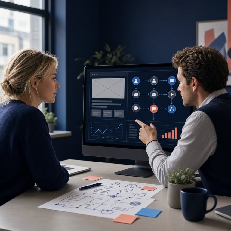 Strategisch overleg over online marketing met een websiteanalyse op een groot scherm