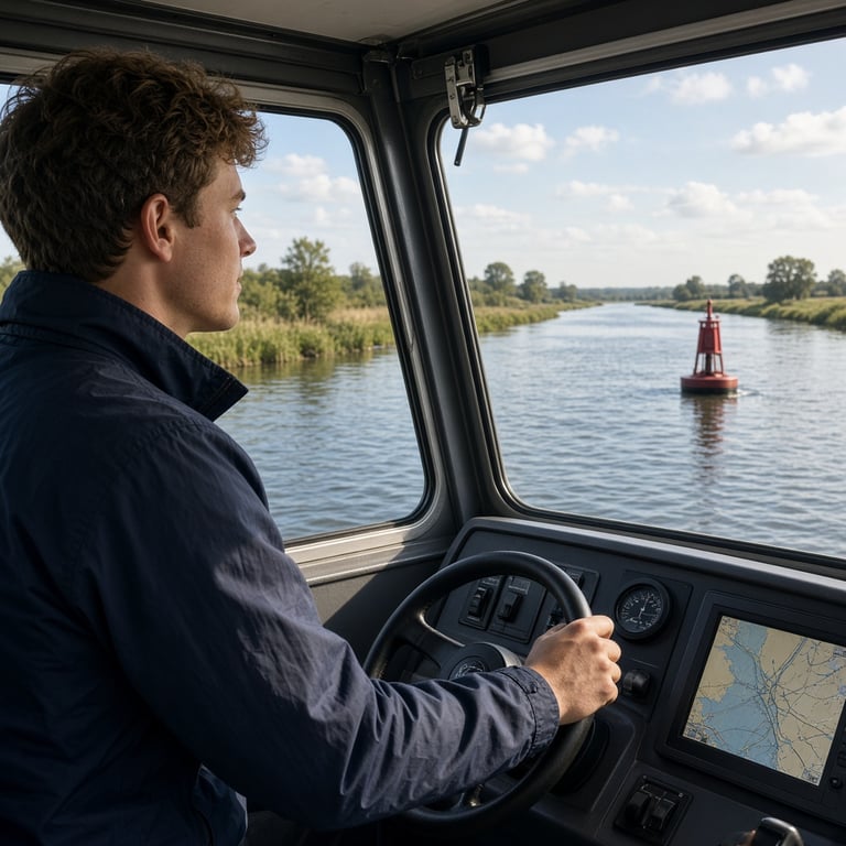 Schipper in opleiding bekijkt een foutenanalyse van een oefentoets aan boord op Nederlands binnenwater