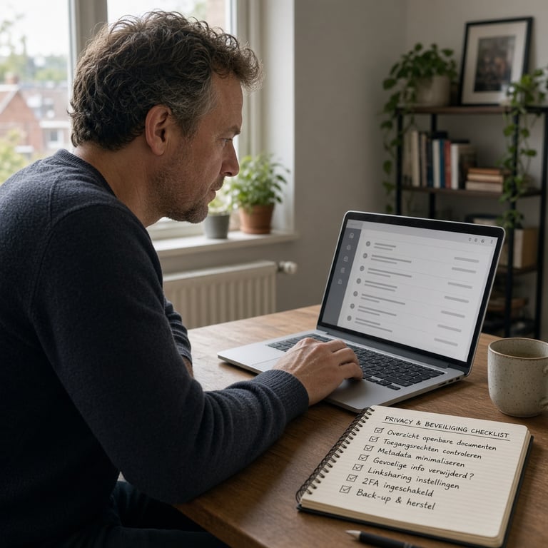 Notitieboek met veilige zoekopdracht naast laptop op Nederlandse thuiswerkplek