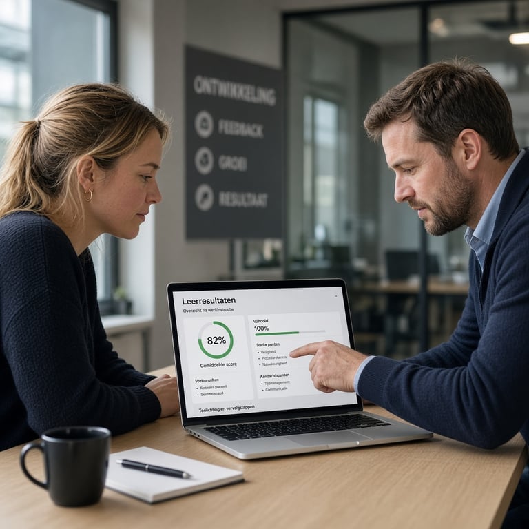 Trainer bespreekt leerresultaten met een medewerker aan een laptop