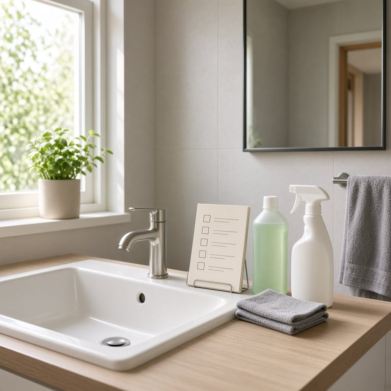Badkamer in een Apeldoornse woning met schoonmaakmiddelen en een duidelijke checklist