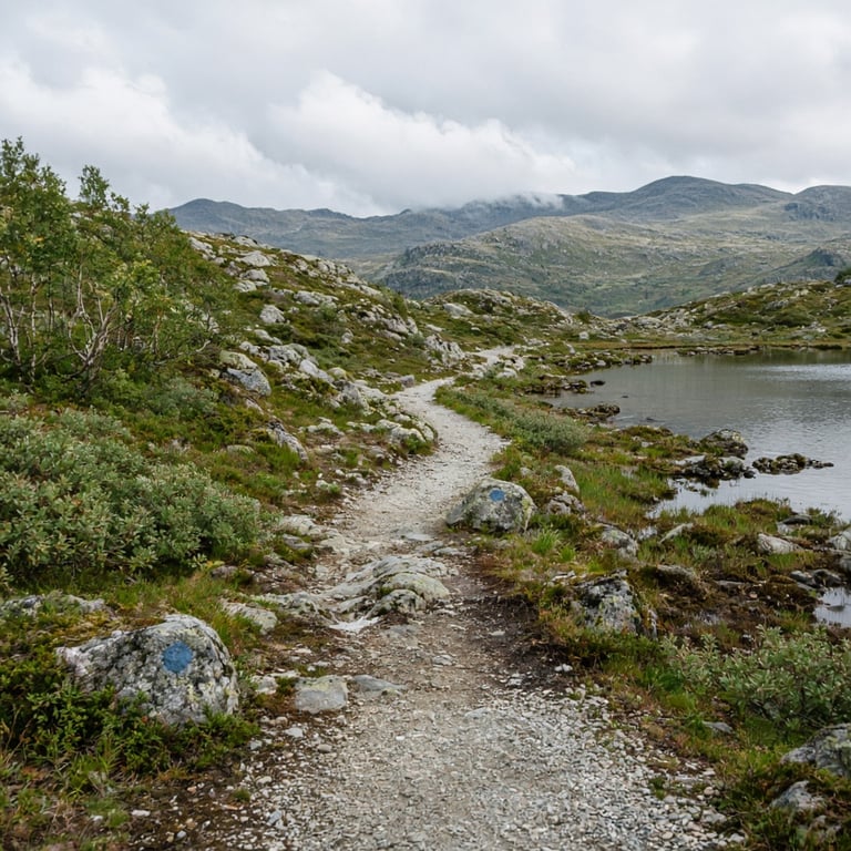 Fjellsti mot Tempelnatten med utsikt over Tempelseter i sommersesongen