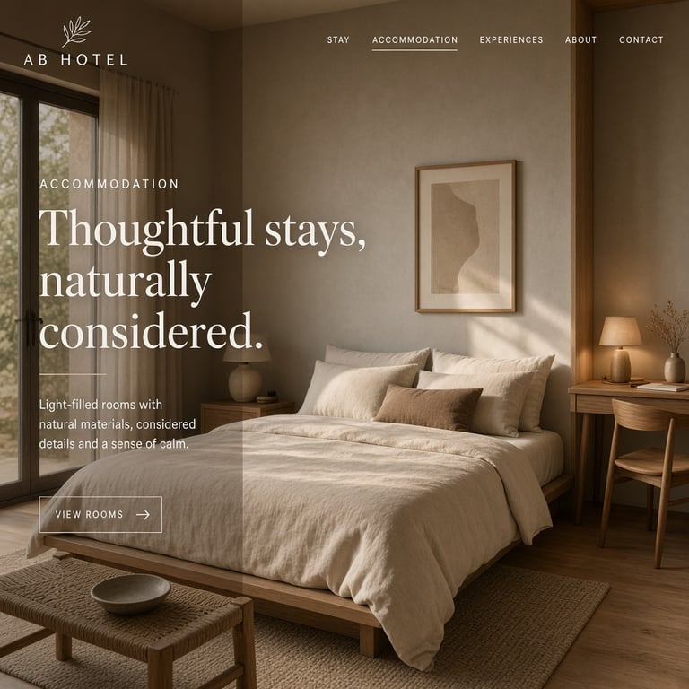 Considered hotel bedroom with linen and timber details