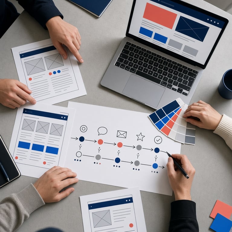 Strategisch overleg over een digitale marketingaanpak met klantreis en websiteontwerp op tafel