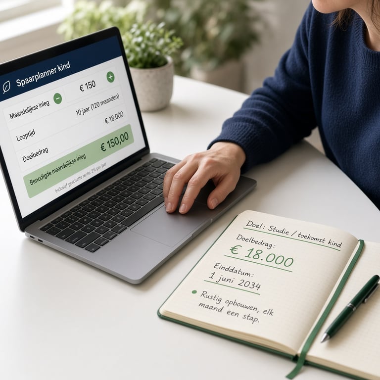 Ouders aan de keukentafel maken op een laptop een spaarplan voor hun kind