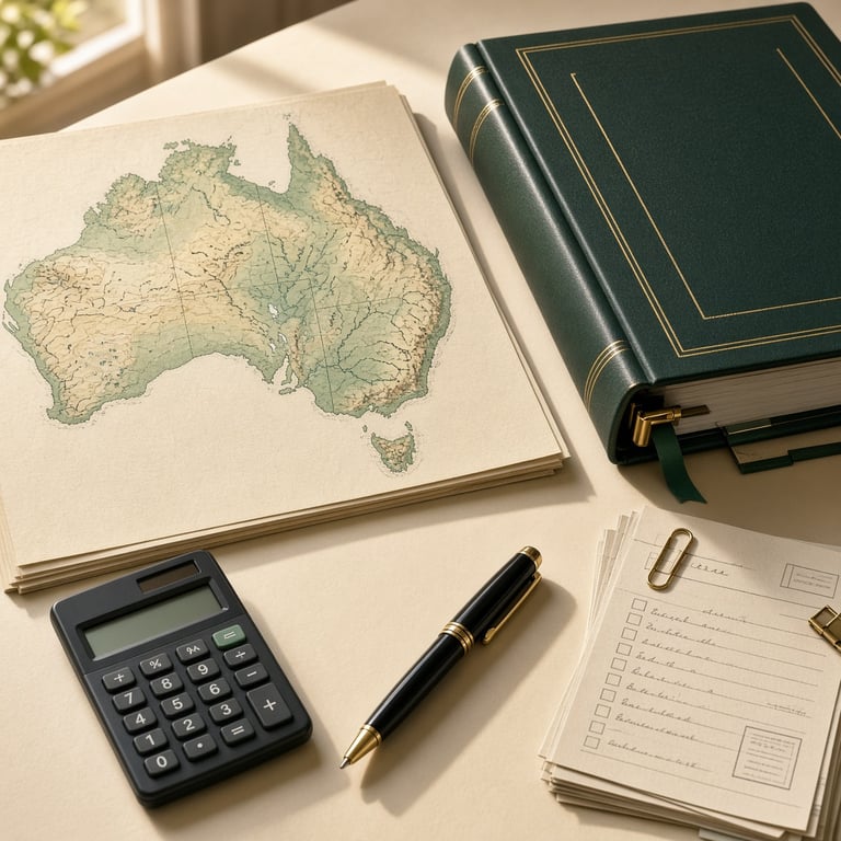 A polished editorial map of Australia beside a documented gaming machine register, with emerald green, charcoal, gold and warm cream accents