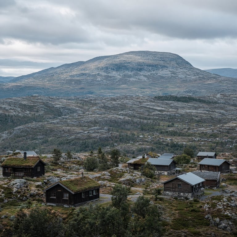 Utsikt mot Tempelnatten og hytteområdet ved Tempelseter i norsk fjellterreng