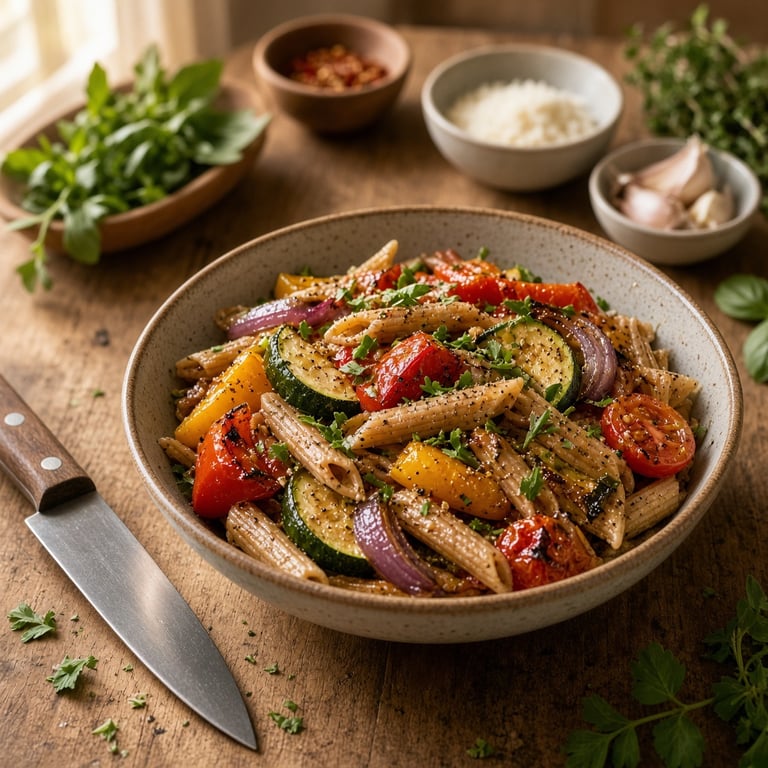 Een kleurrijke makkelijke avondmaaltijd met groenten, pasta en verse kruiden op een houten keukentafel
