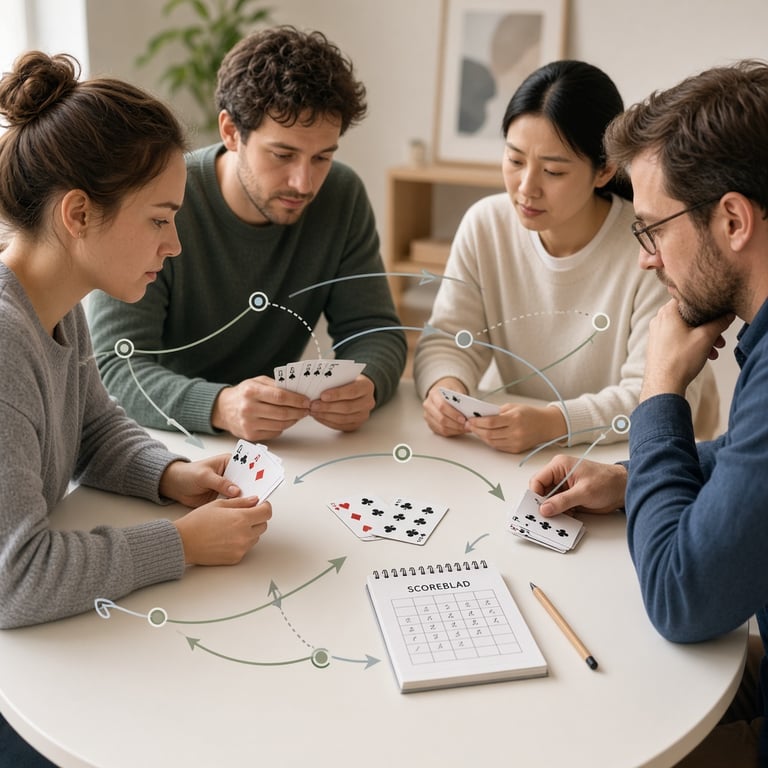 Vier spelers analyseren hun handen aan een lichte tafel met kaarten en een scoreblok