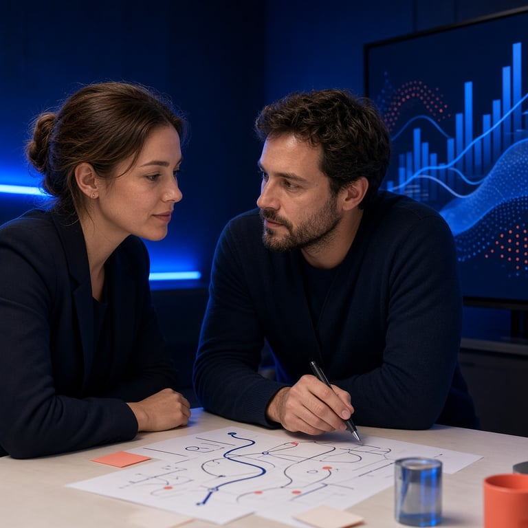 Strategische marketeers bespreken een campagne rond een scherm met klantinzichten en contentformats