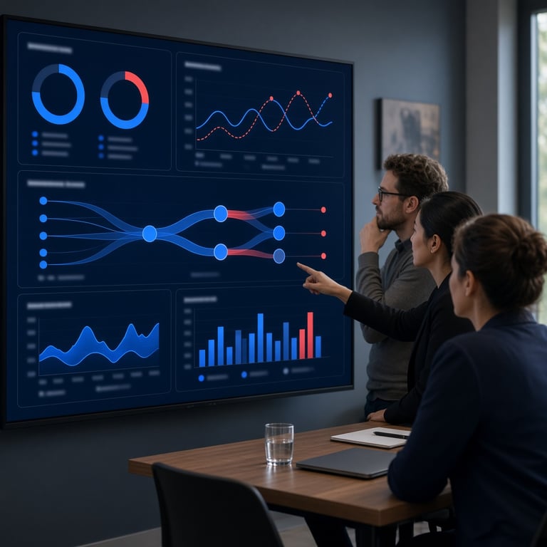 Marketingdashboard met doelen, conversiepaden en kanaalprestaties tijdens een evaluatiemoment