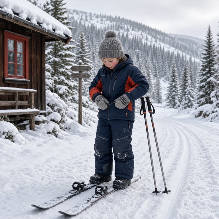Barn justerer skibukse og votter før en vintertur i fjellet