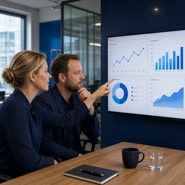 Marketingteam analyseert conversiedata en digitale marketing KPI's tijdens een werkoverleg