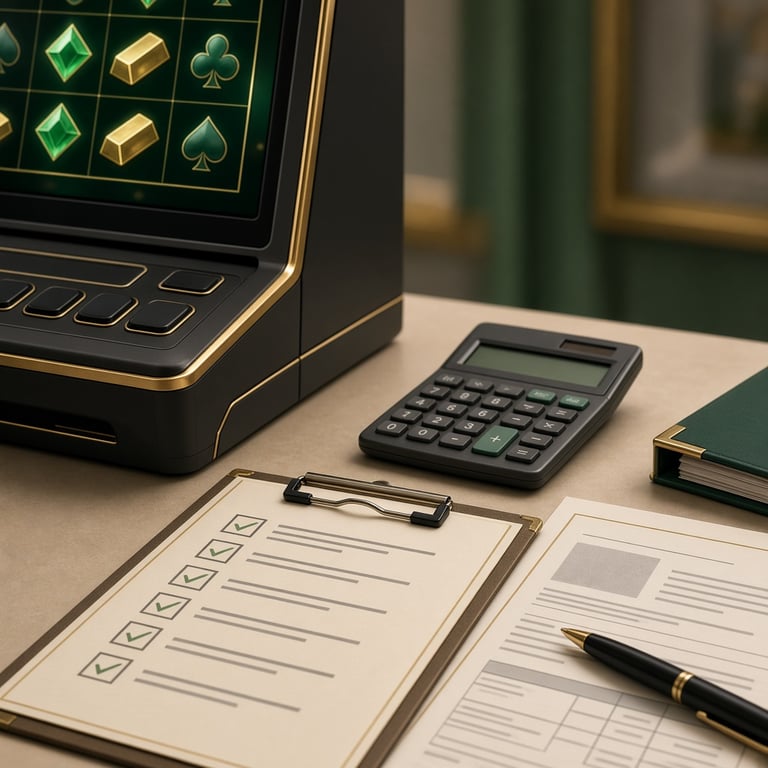 Electronic gaming machine cabinet in a compliant venue planning room with paperwork and calculator