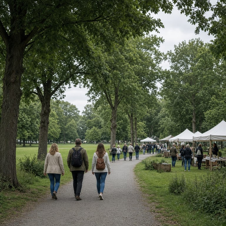 Bezoekers wandelen langs een evenement in een parkachtige omgeving van Apeldoorn