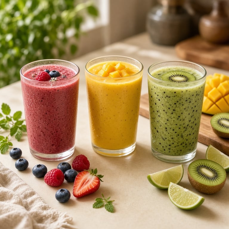Colourful berry, mango and kiwi smoothies in glasses on a warm cream kitchen bench