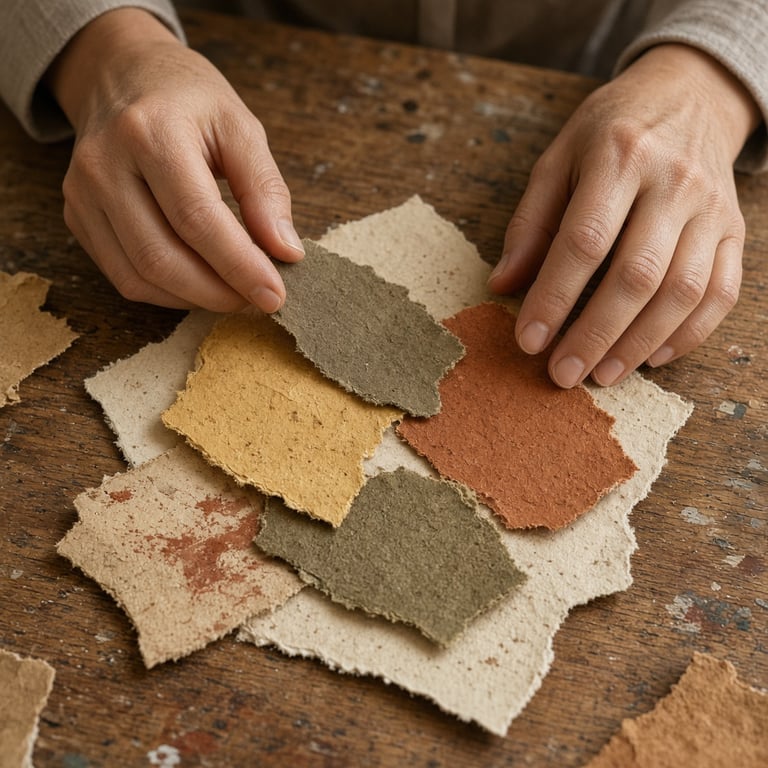 Close-up van handgescheurde papiervellen in aardetinten op een atelier tafel