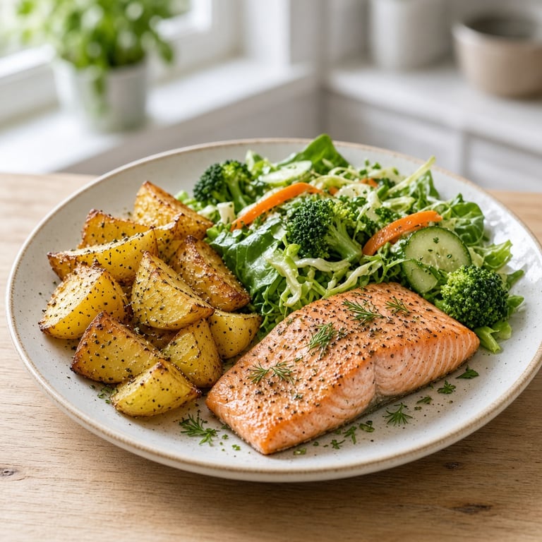Fargerik middag med grønnsaker, fullkorn og en proteinkilde på et lyst kjøkkenbord