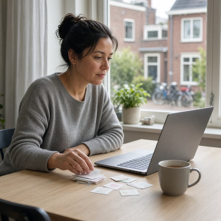 Student bereidt zich aan een tafel met laptop en oefenmateriaal voor op inburgering in Nederland