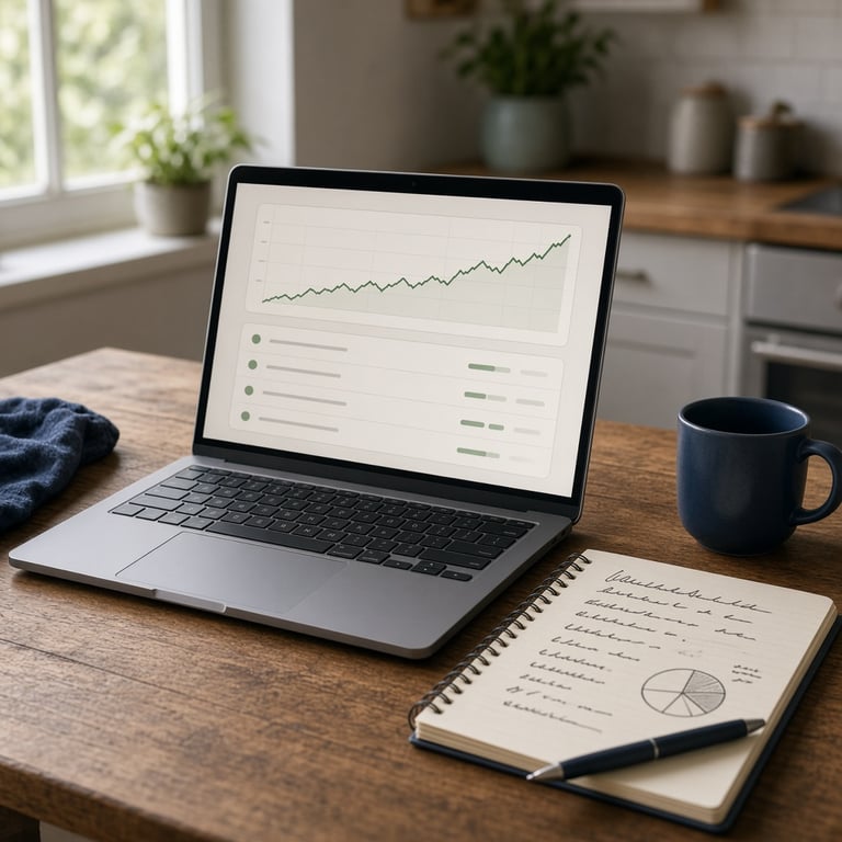 Overzichtelijke laptop met een beleggingsportefeuille en ETF-grafiek aan een Nederlandse keukentafel