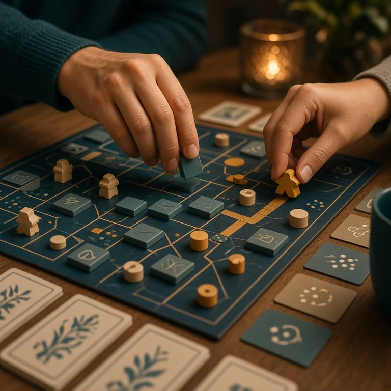 Detail van handen die tegels, kaarten en houten speelstukken over een bord bewegen