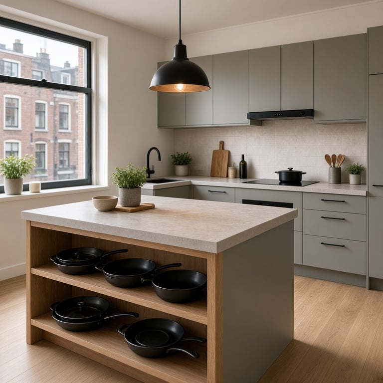 Een compact keukeneiland met extra werkruimte en open opberging in een Nederlands interieur