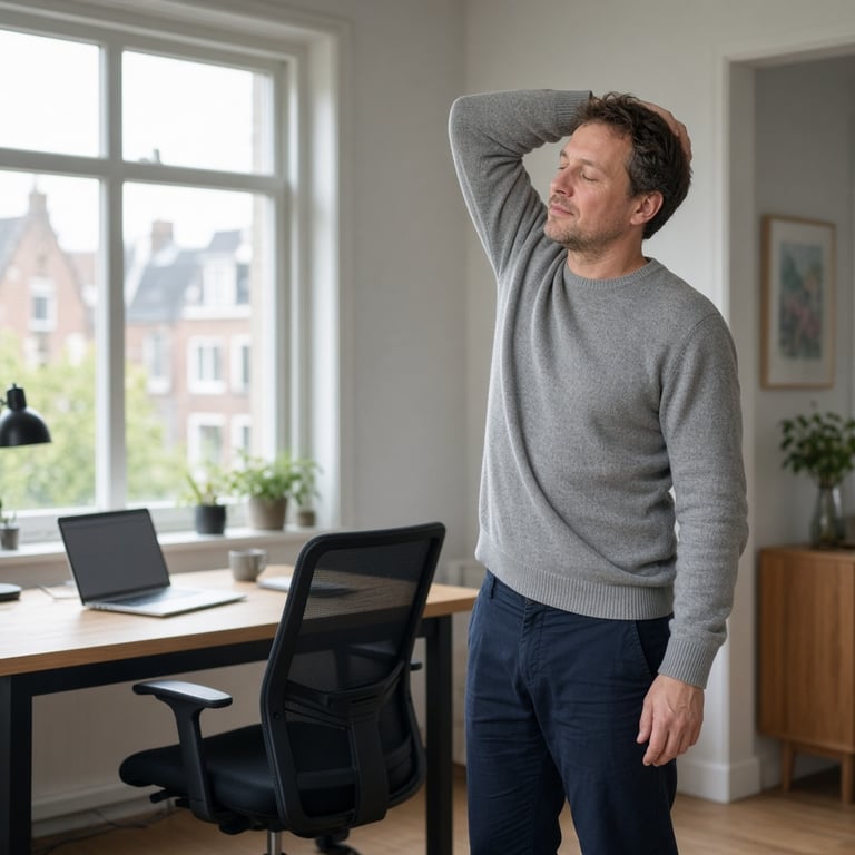 Man neemt thuis een korte beweegpauze naast zijn bureau