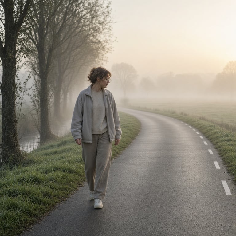 Persoon die rustig wandelt over een fietspad in een Nederlands park