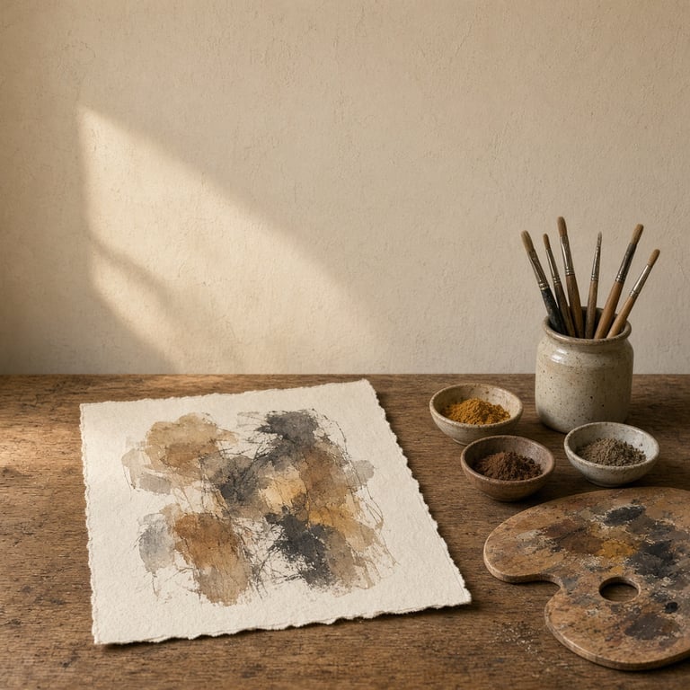 Een origineel werk op papier naast verfmaterialen en een rustige atelierwand