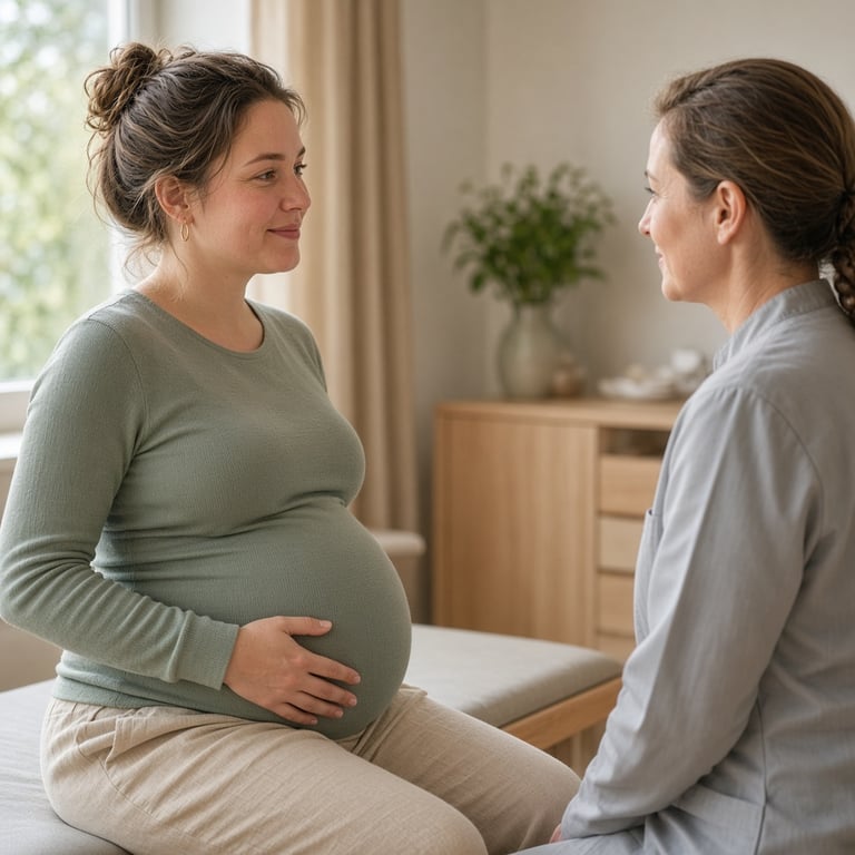 En gravid kvinne holder hånden på magen under en rolig samtale med helsepersonell