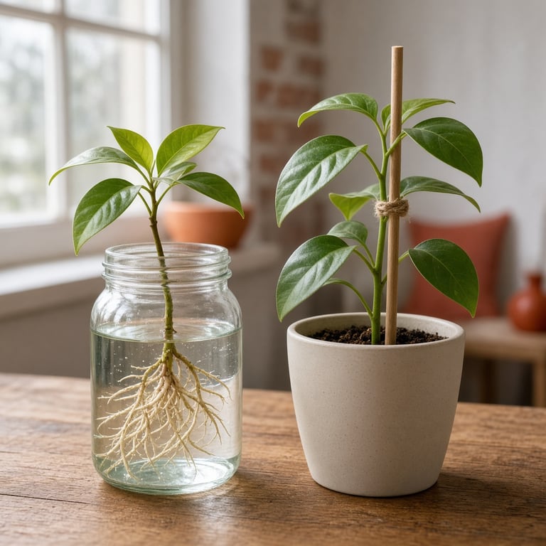 Een stekje in een glazen pot en een jonge kamerplant met een eenvoudige plantensteun op een houten tafel