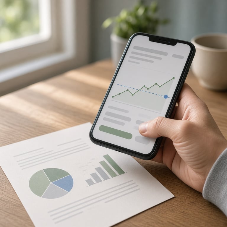 Hand die een limietorder controleert op een smartphone naast een eenvoudig beleggingsplan op papier