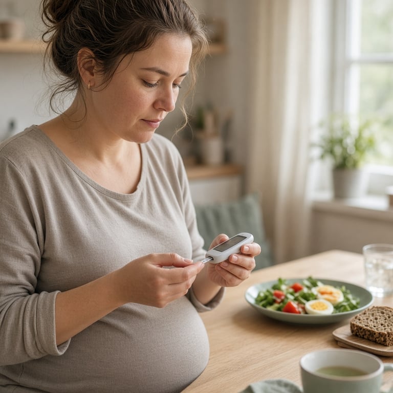Gravid kvinne som måler blodsukker ved kjøkkenbordet med et næringsrikt måltid i bakgrunnen