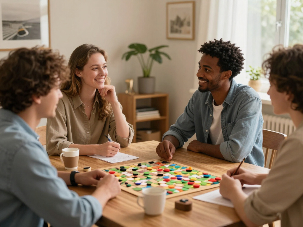 Bildspel van mensen die samen een bordspel spelen en lachen