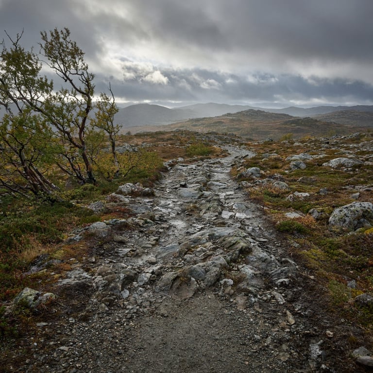 Merket fjellsti fra Tempelseter mot Tempelnatten i skiftende fjellvær