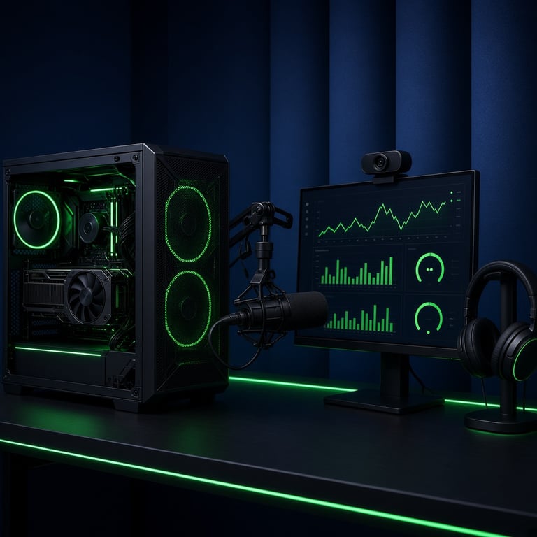 Streamer workstation with an RTX graphics card, microphone, webcam, and OBS performance meters