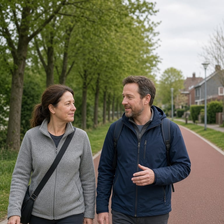Volwassen deelnemer wandelt met een leefstijlcoach over een Nederlands fietspad in het ochtendlicht